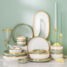 33 pcs set Light Green&white plate for restaurants porcelain tableware decorative gold rim luxury dinnerware set ceramics